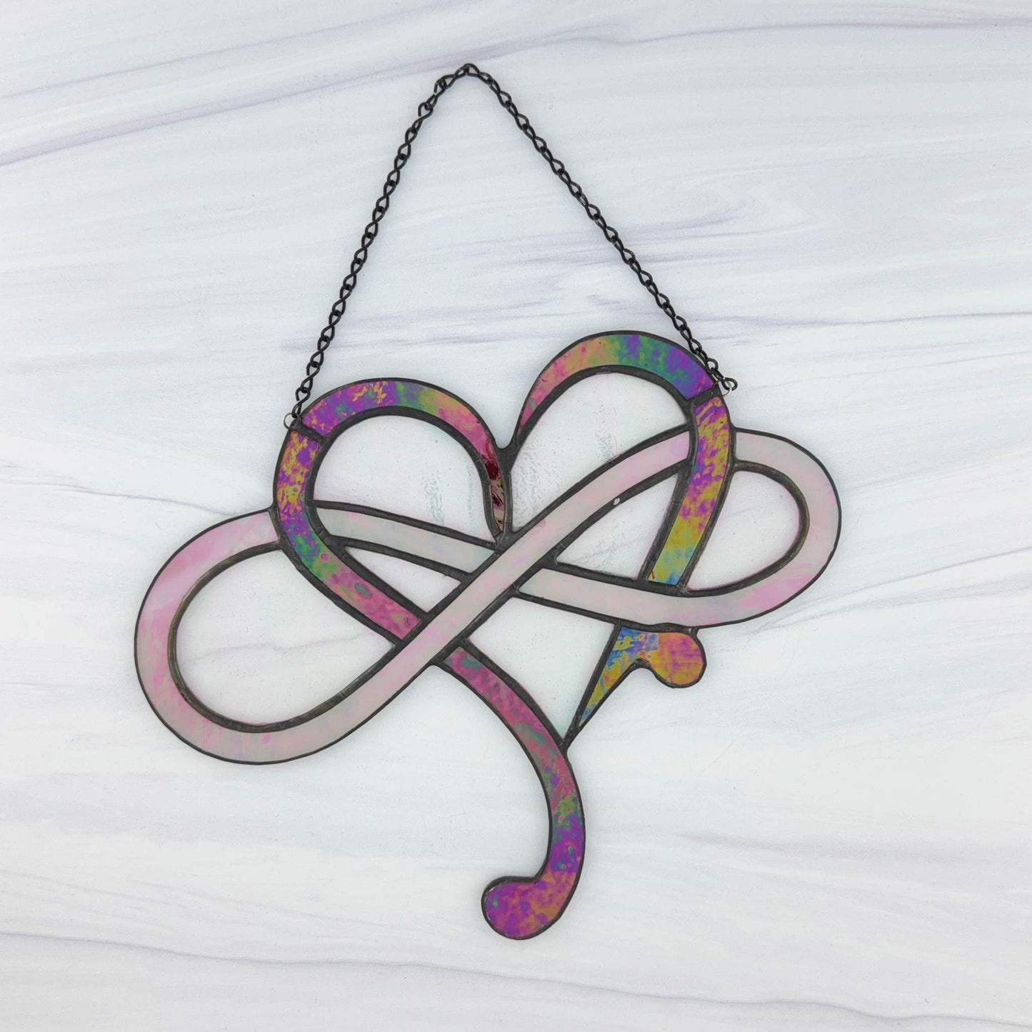 Modern Infinity Stained Glass Heart Suncatcher - Red, Pink Iridescent, White Swirl