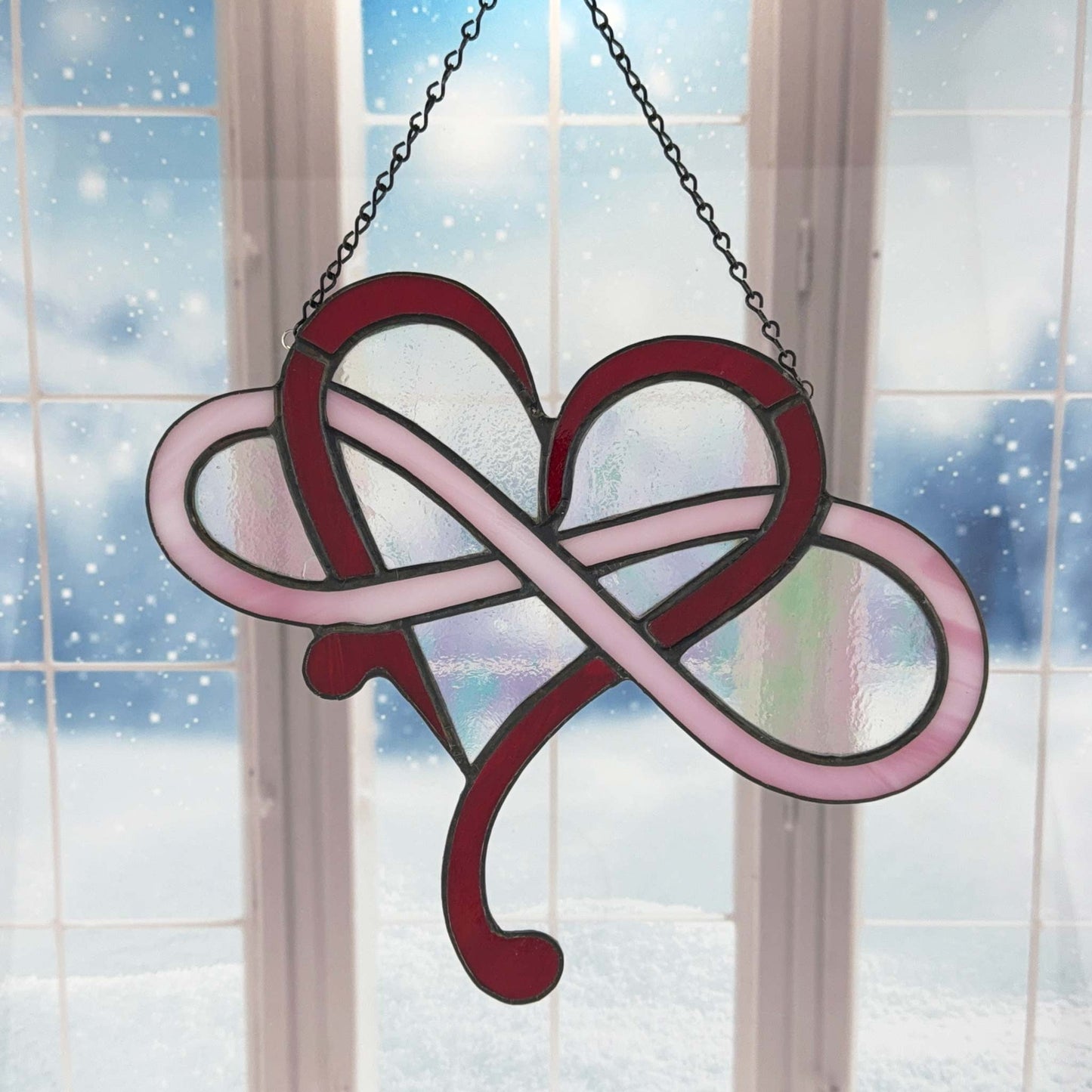 Modern Infinity Stained Glass Heart Suncatcher - Red, Pink Iridescent, White Swirl