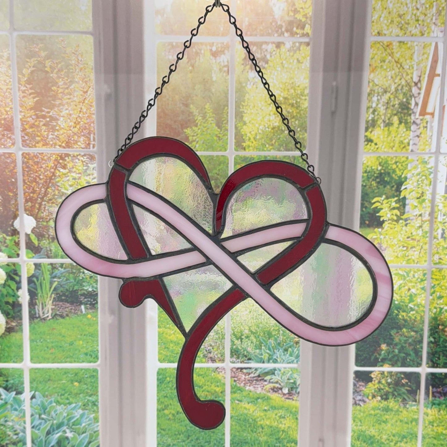 Modern Infinity Stained Glass Heart Suncatcher - Red, Pink Iridescent, White Swirl