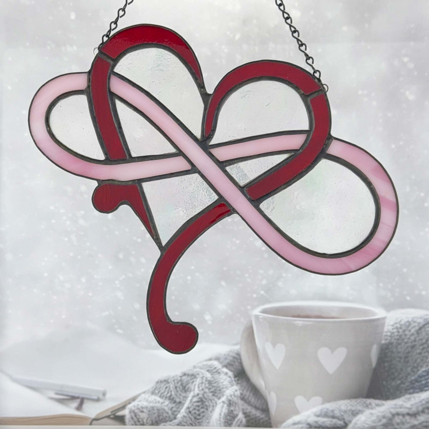 Modern Infinity Stained Glass Heart Suncatcher - Red, Pink Iridescent, White Swirl