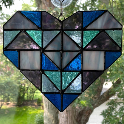 Patchwork Quilt Heart Suncatcher - Blues & Purples