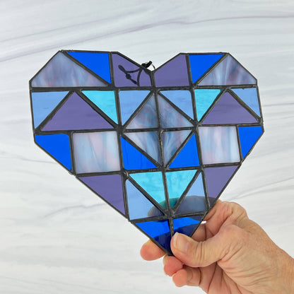 Patchwork Quilt Heart Suncatcher - Blues & Purples