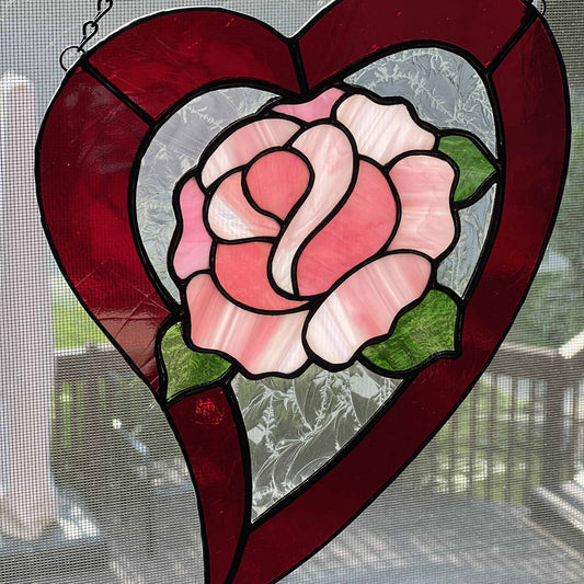 Rose Heart Suncatcher - Pink rose in a Red Heart