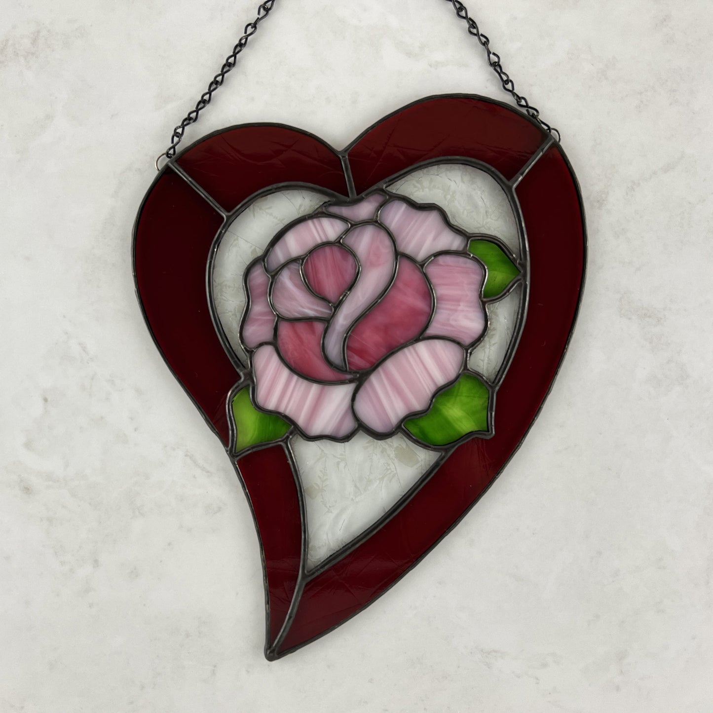 Rose Heart Suncatcher - Pink rose in a Red Heart