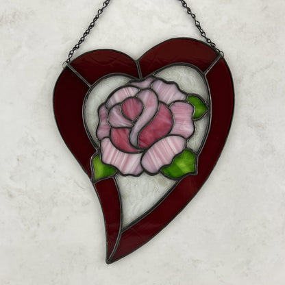 Rose Heart Suncatcher - Pink rose in a Red Heart
