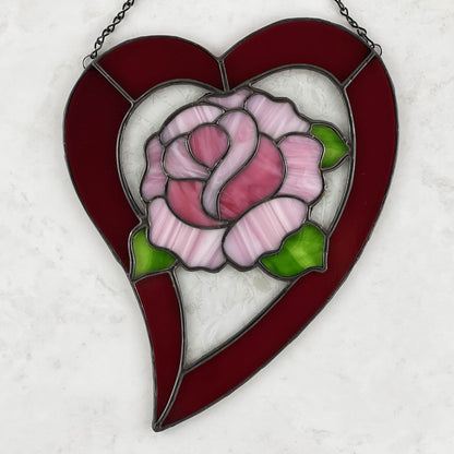 Rose Heart Suncatcher - Pink rose in a Red Heart