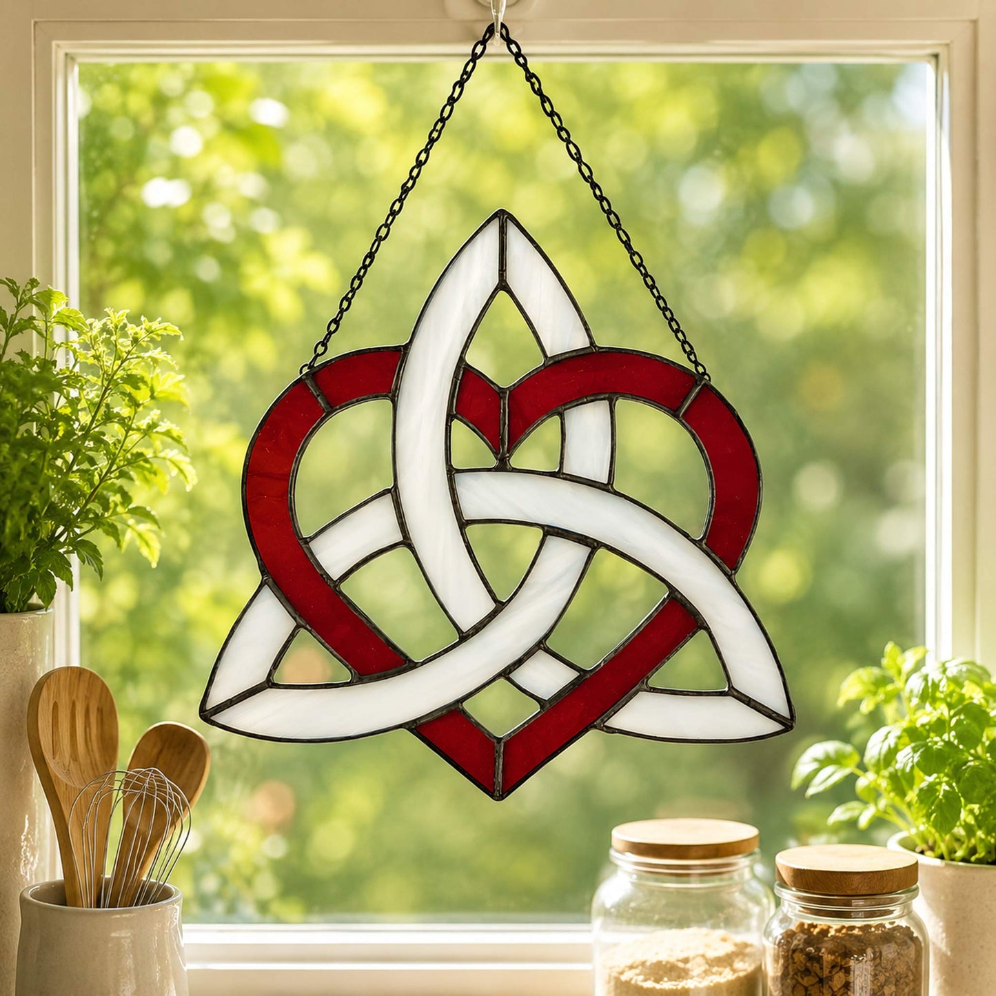 Celtic Triquetra Stained Glass Heart (Celtic Sisters Knot) Suncatcher - Red/White