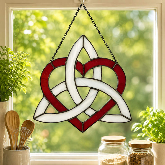 Celtic Triquetra Stained Glass Heart (Celtic Sisters Knot) Suncatcher - Red/White