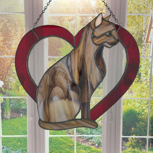 Cat Stained Glass Suncatcher Sitting in a Heart