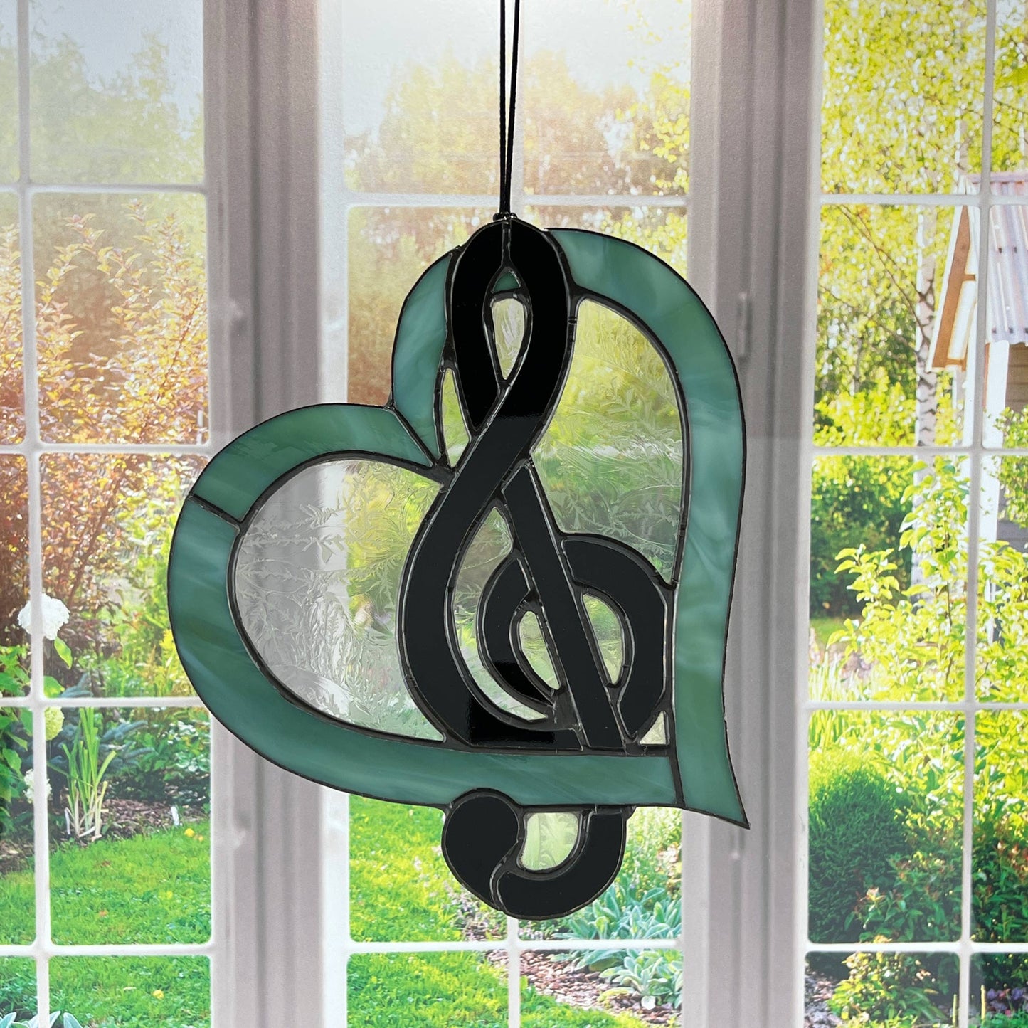 Treble Clef Heart Suncatcher - Sea Green & Black