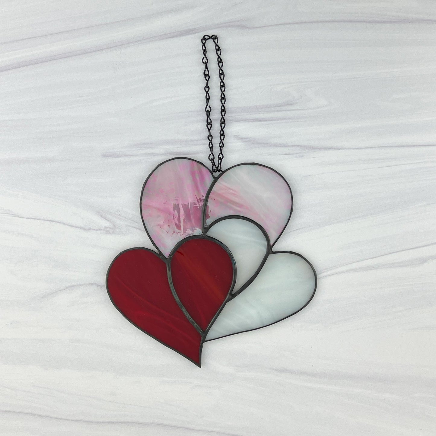 Heart Suncatcher - Three Hearts in Red Pink & White