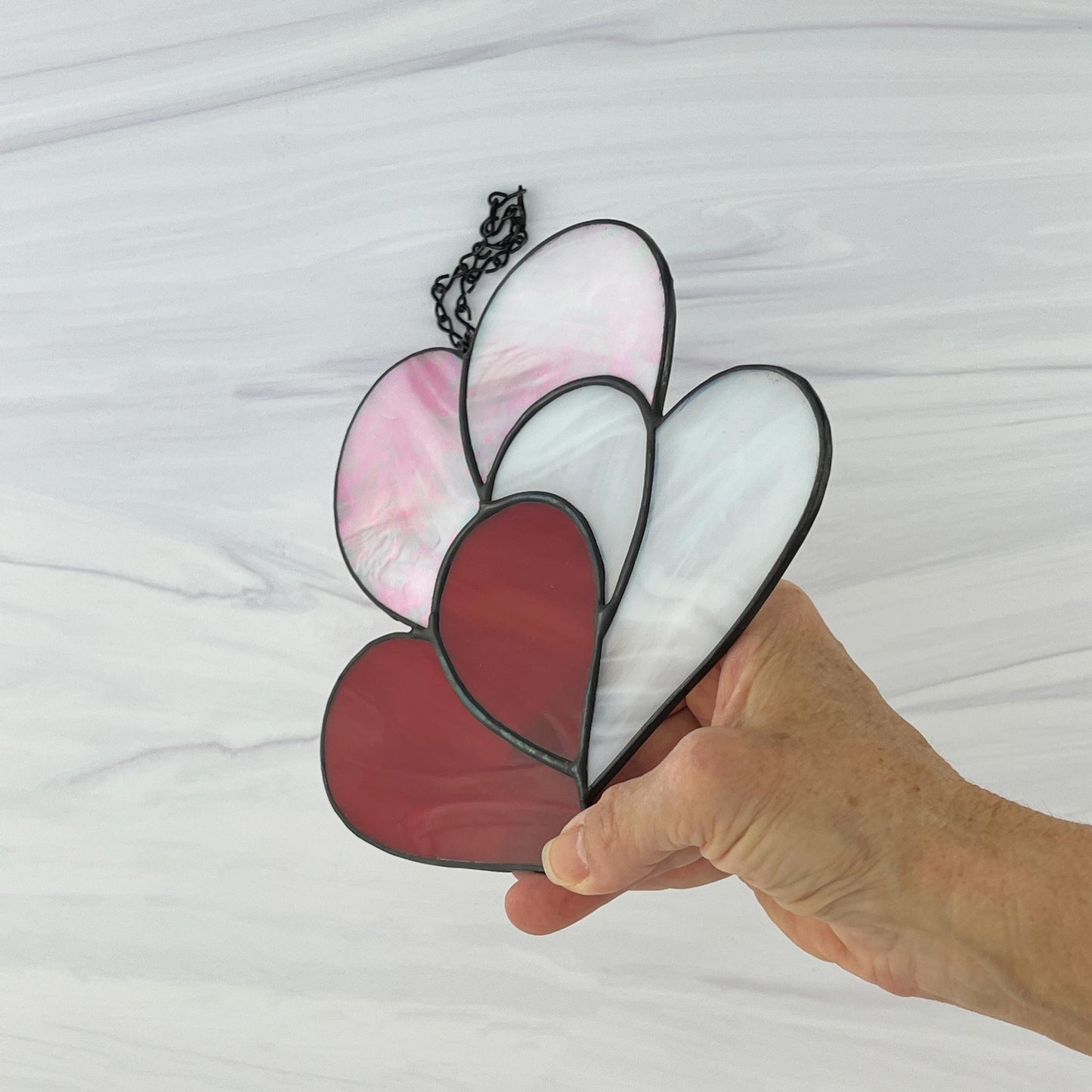 Heart Suncatcher - Three Hearts in Red Pink & White