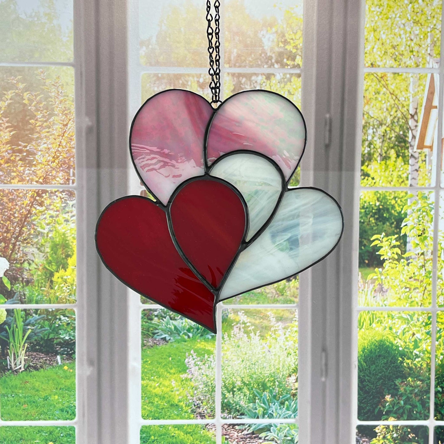 Heart Suncatcher - Three Hearts in Red Pink & White