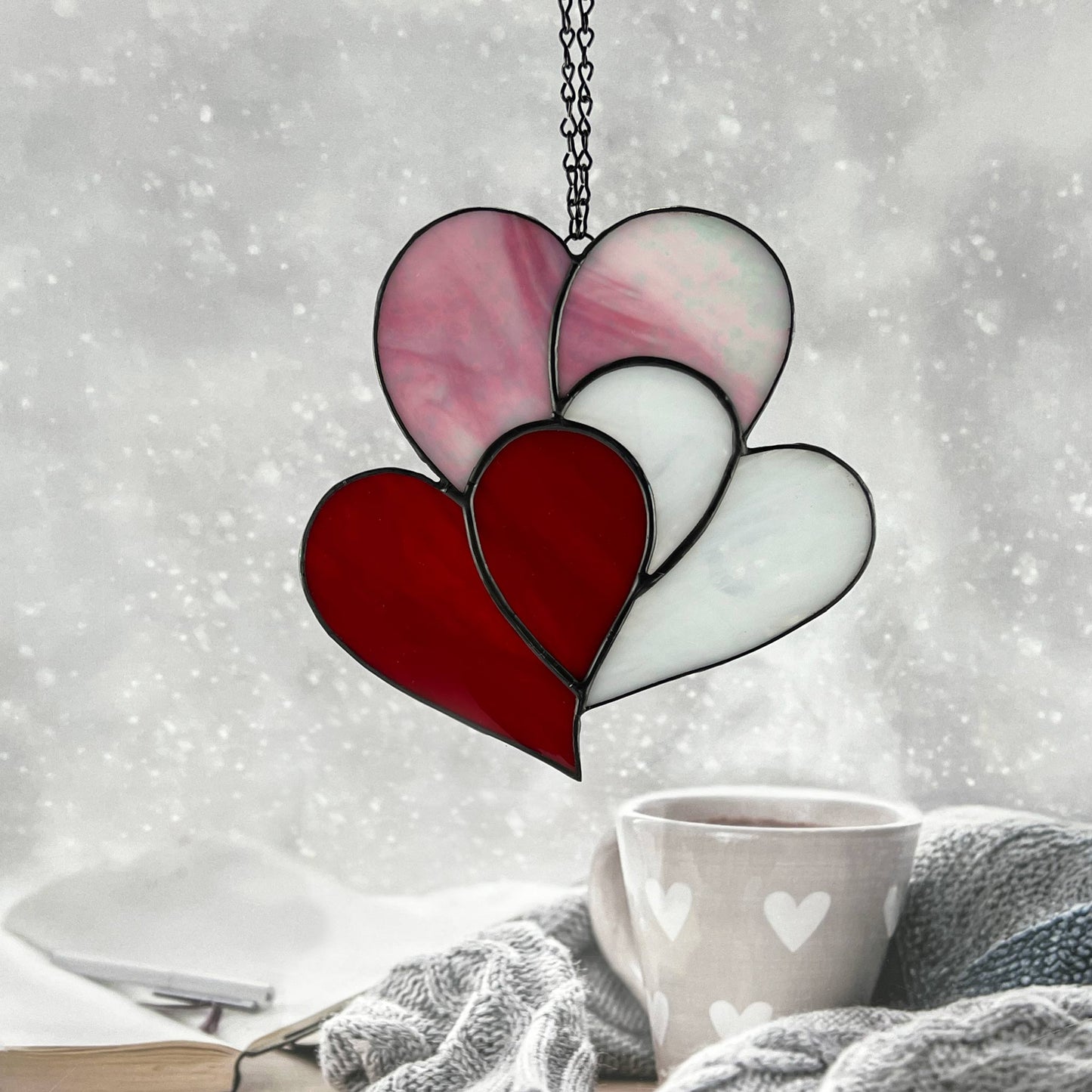 Heart Suncatcher - Three Hearts in Red Pink & White