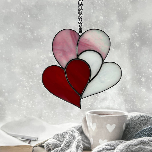 Heart Suncatcher - Three Hearts in Red Pink & White