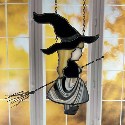 Witch Girl Suncatcher with Black and White Skirt