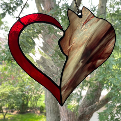 Stained Glass Cat Silhoutte Heart Red Brown Amber 3