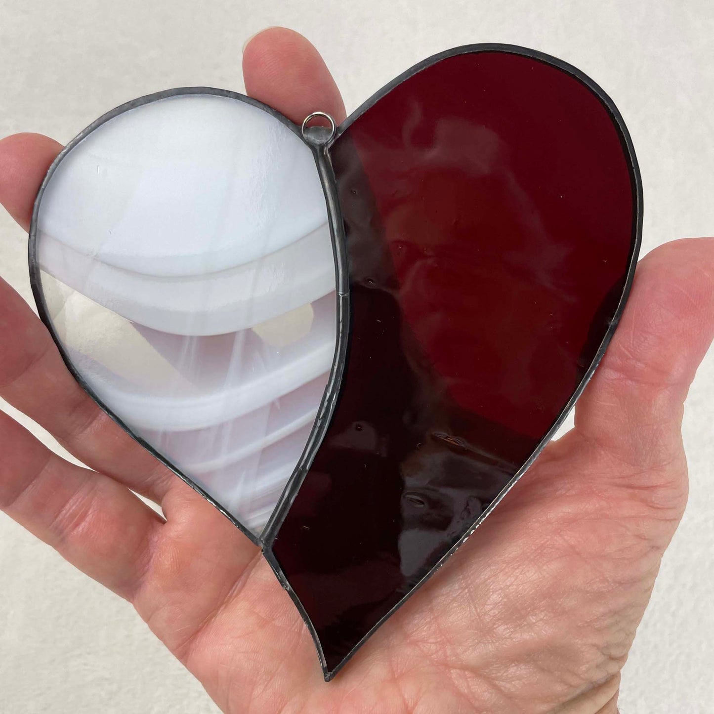 Stained Glass Heart Suncatcher - Dark Red with White and Clear Swirl 3