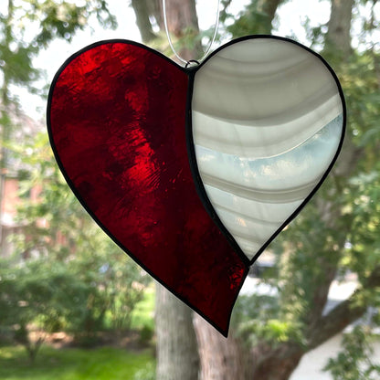 Stained Glass Heart Suncatcher - Dark Red with White and Clear Swirl