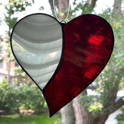 Stained Glass Heart Suncatcher - Dark Red with White and Clear Swirl 2