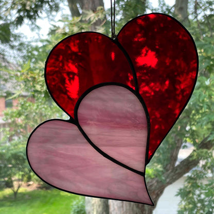 Stained Glass Double Heart Red Pink Iridescent Suncatcher 3