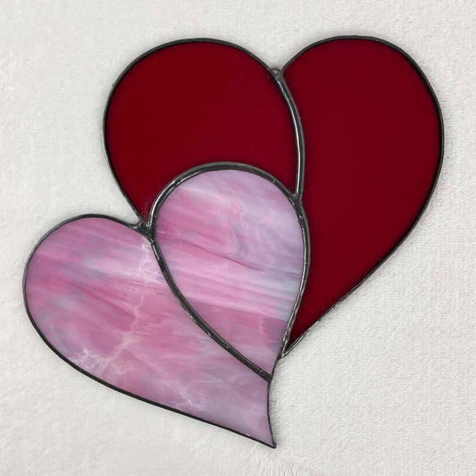 Stained Glass Double Heart Red Pink Iridescent Suncatcher 1