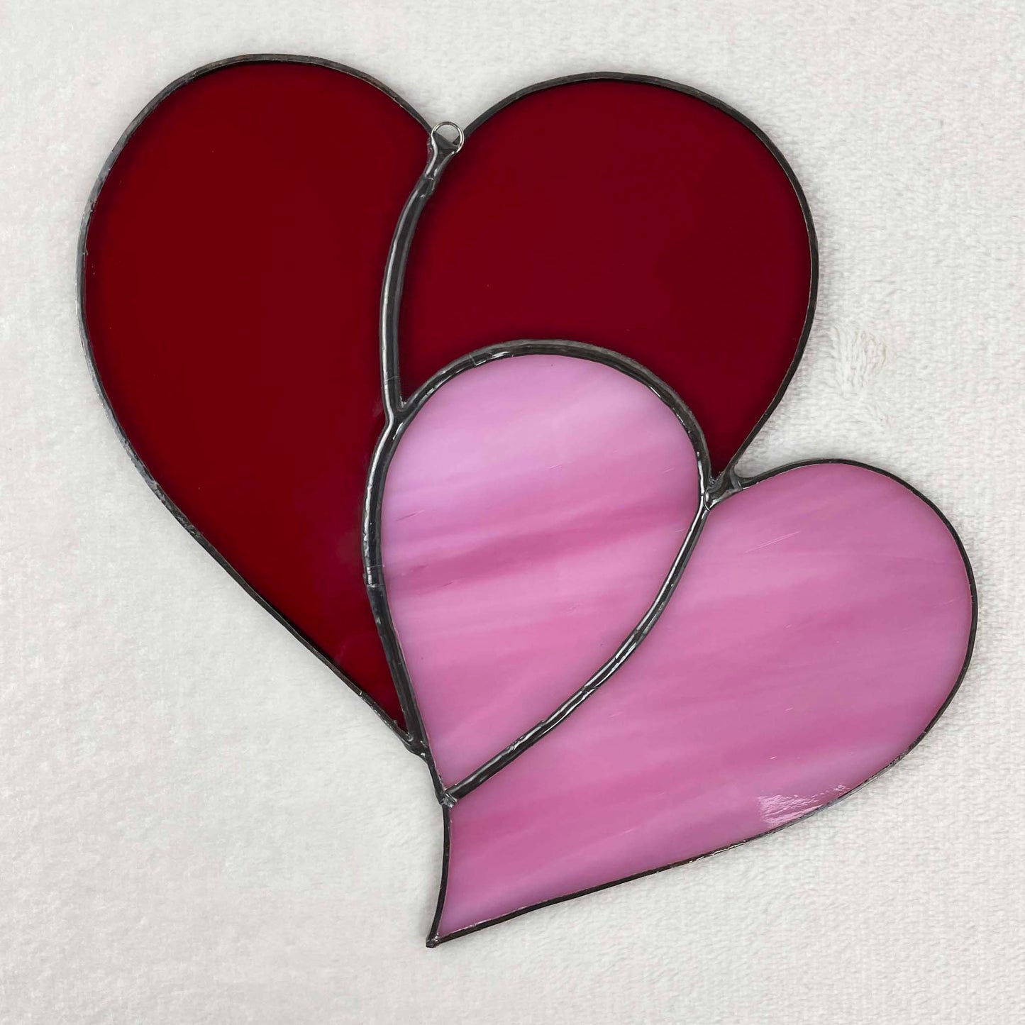 Love Hearts Deep Red Freeform Stained Glass Panel Suncatcher