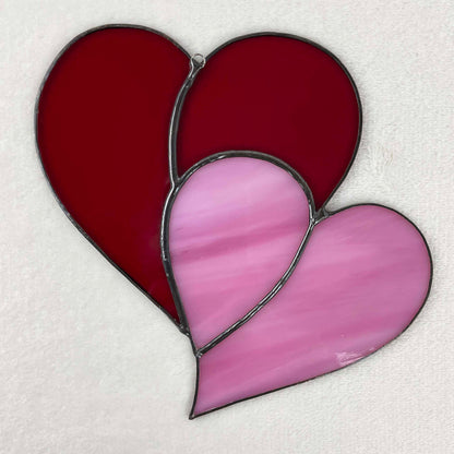 Stained Glass Double Heart Red Pink Iridescent Suncatcher 2