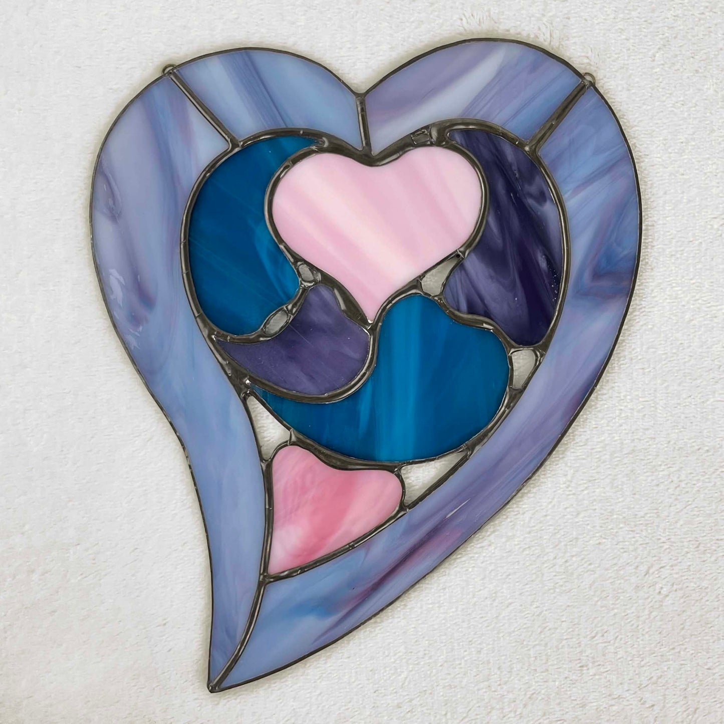 Stained Glass Hearts within a Heart Suncatcher - Purple Blue Pink 3