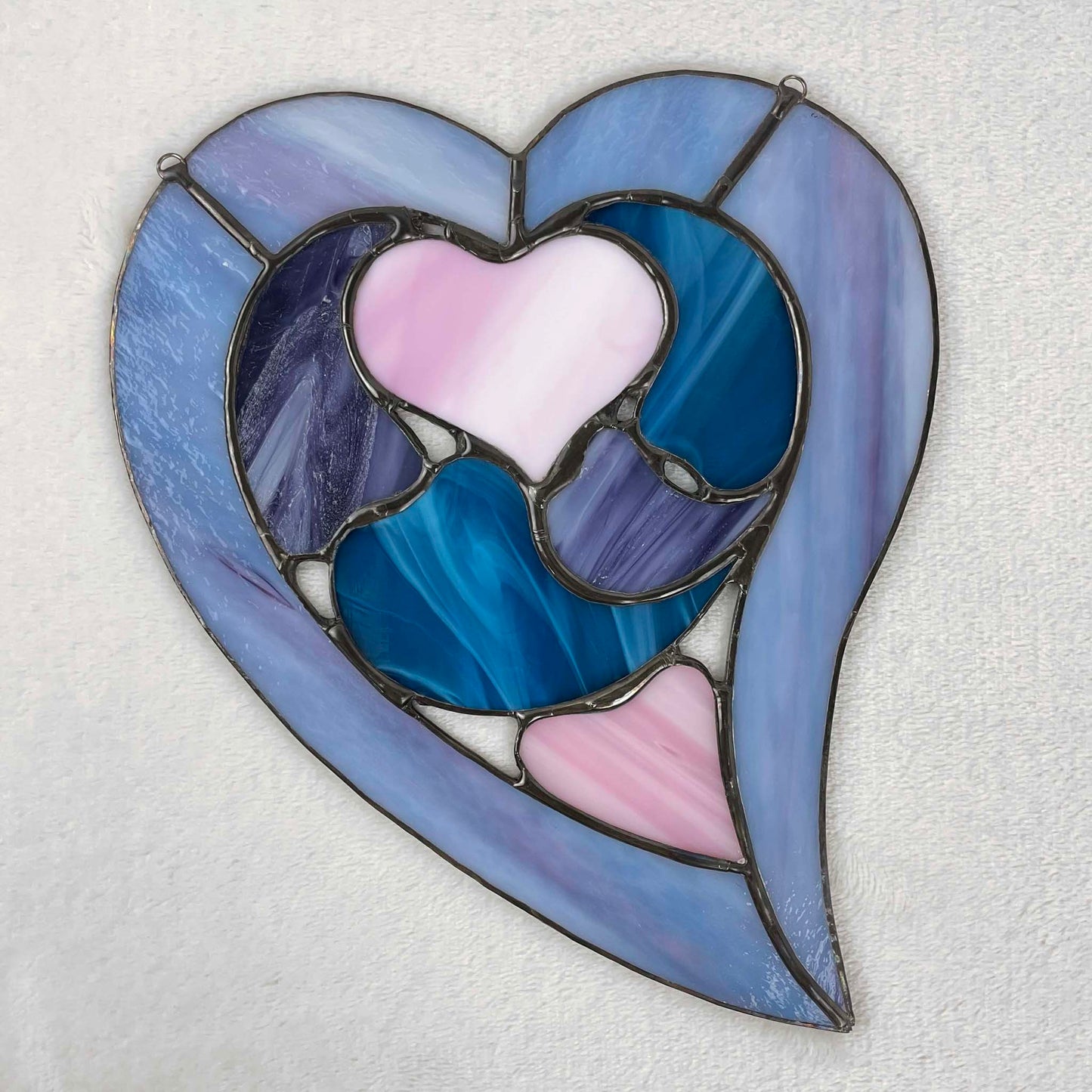 Stained Glass Hearts within a Heart Suncatcher - Purple Blue Pink 4