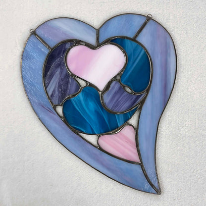 Stained Glass Hearts within a Heart Suncatcher - Purple Blue Pink 4