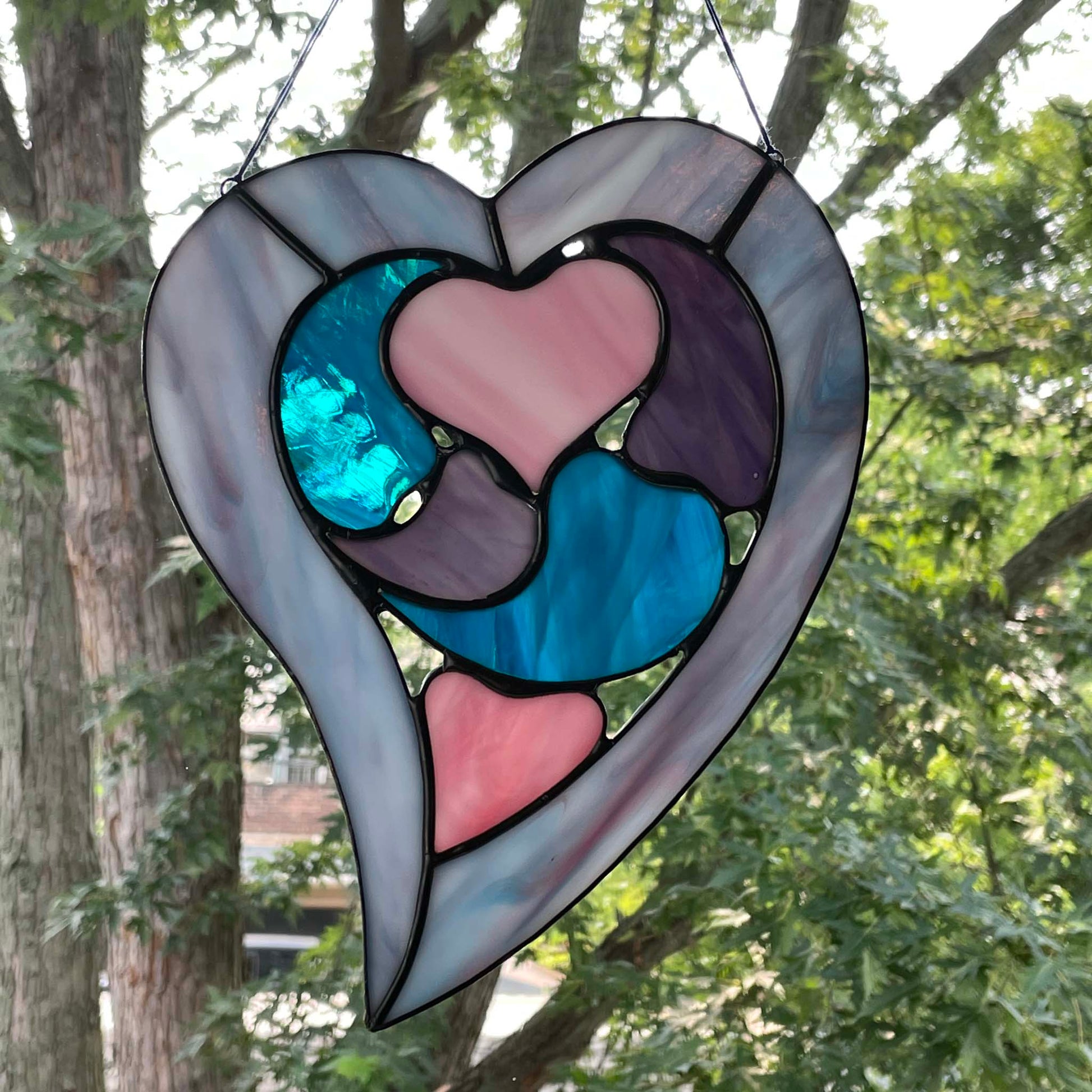 Stained Glass Hearts within a Heart Suncatcher - Purple Blue Pink 1