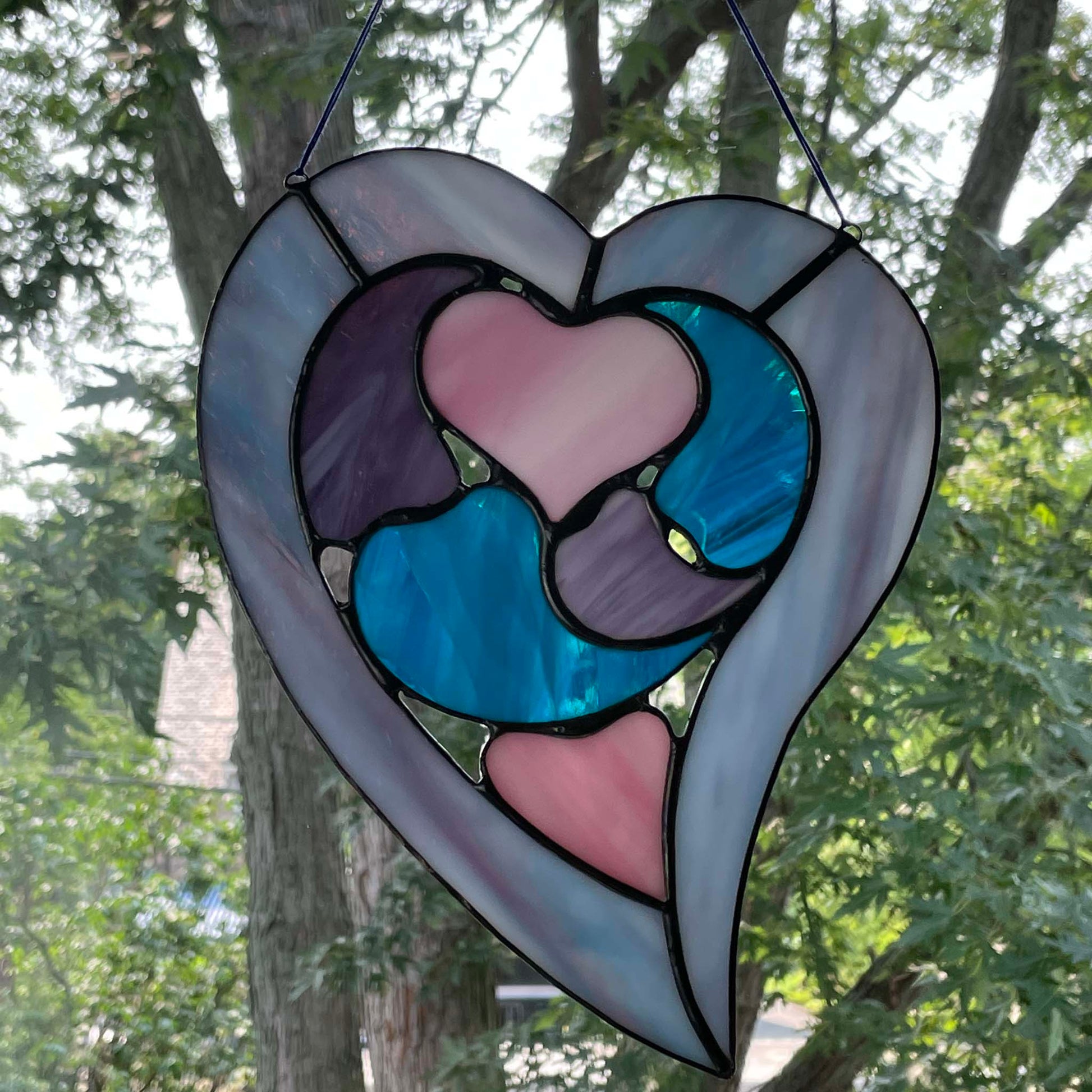 Stained Glass Hearts within a Heart Suncatcher - Purple Blue Pink 2