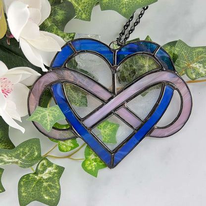 Infinity Heart Suncatcher - Pink and Blue with Clear Leaf glass (5.5 x 6.5)