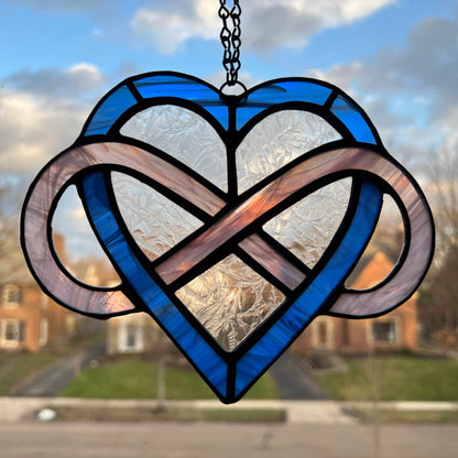 Infinity Heart Suncatcher - Pink and Blue with Clear Leaf glass (5.5 x 6.5)