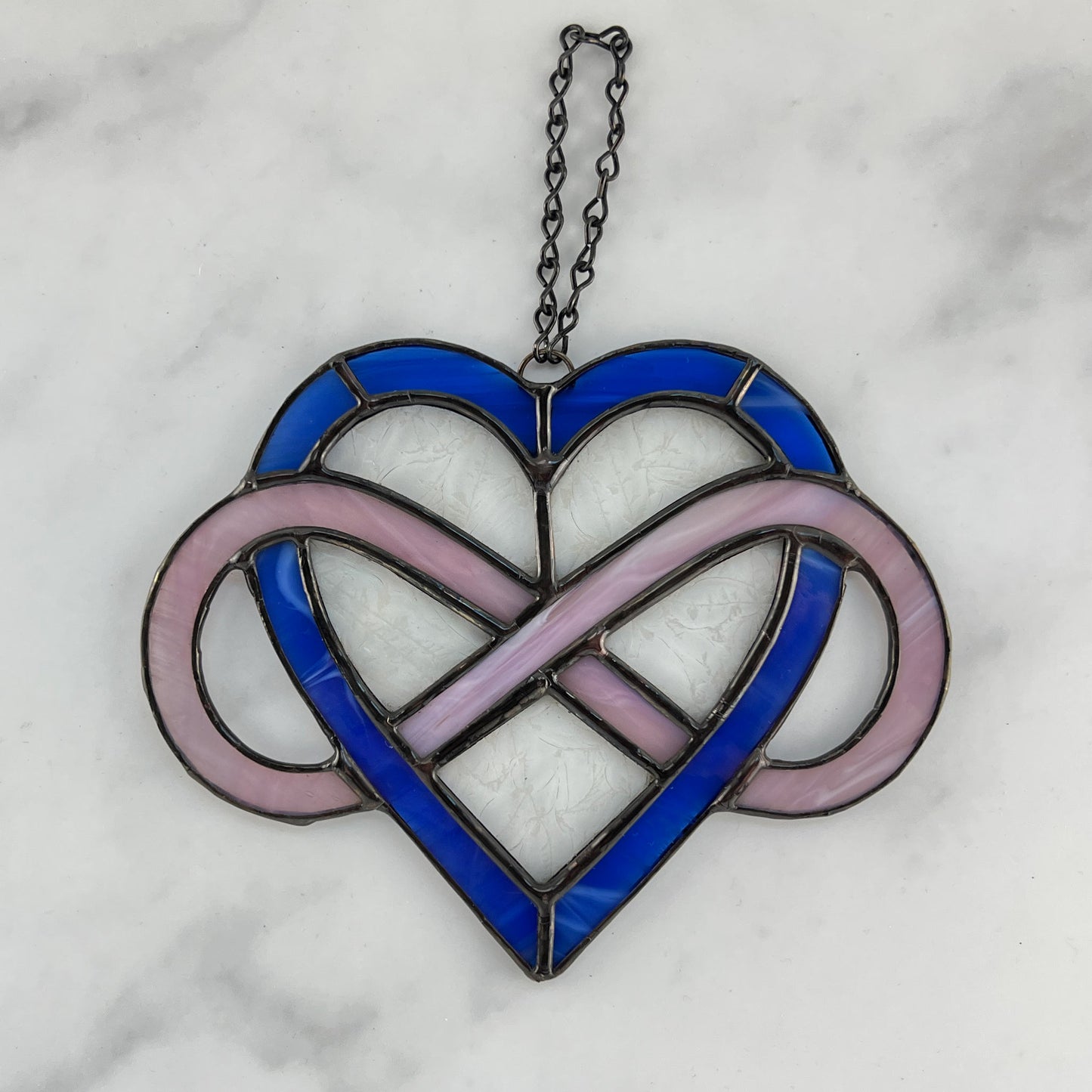 Infinity Heart Suncatcher - Pink and Blue with Clear Leaf glass (5.5 x 6.5)