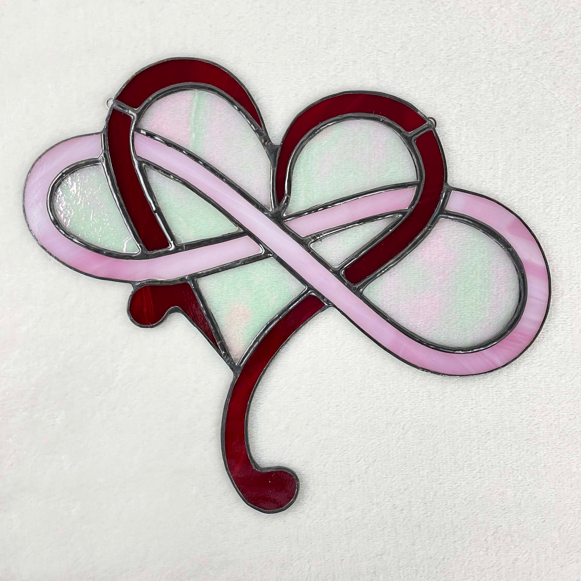 Stained Glass Modern Infinity Heart Suncatcher - Red Pink Clear Iridescent 3