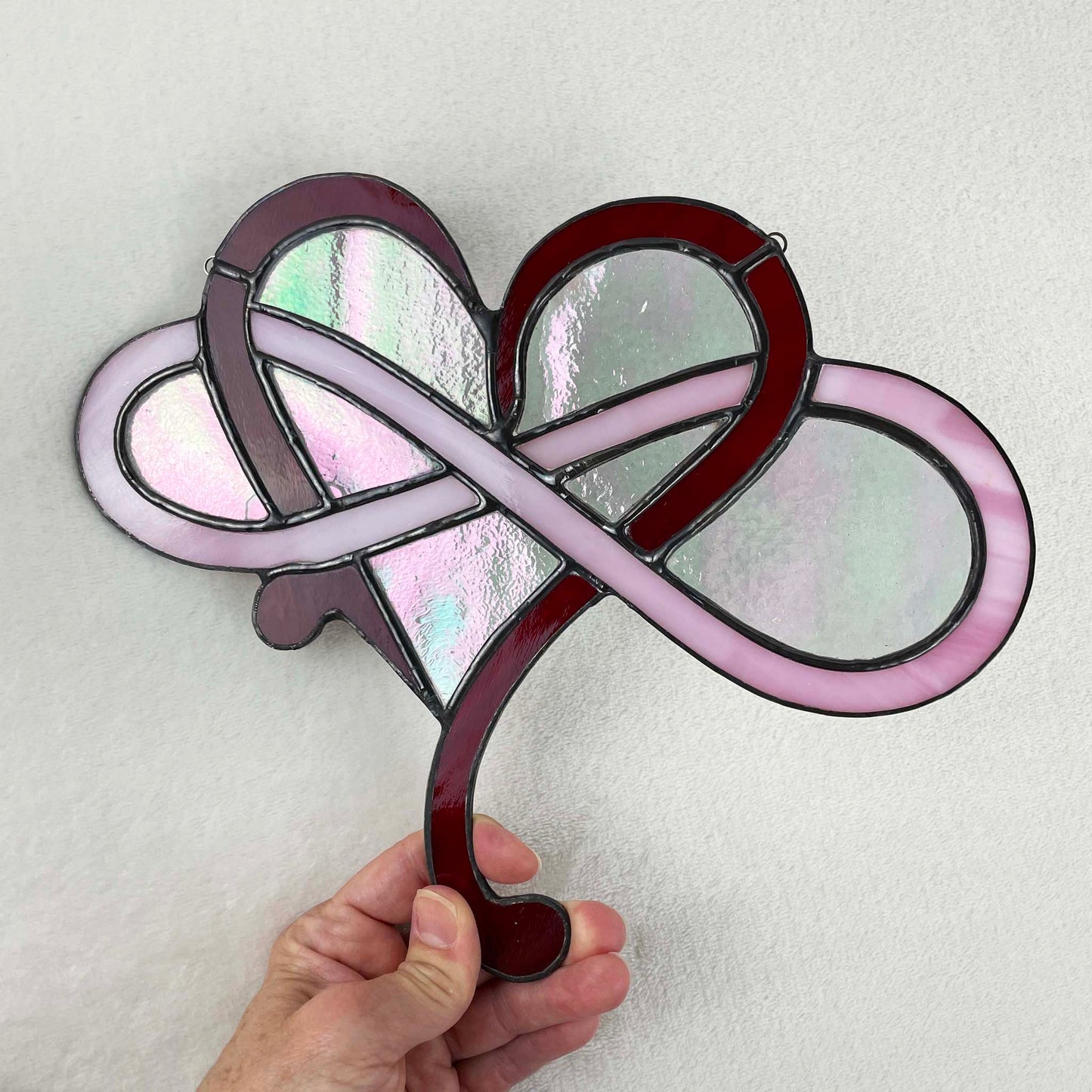 Stained Glass Modern Infinity Heart Suncatcher - Red Pink Clear Iridescent 2