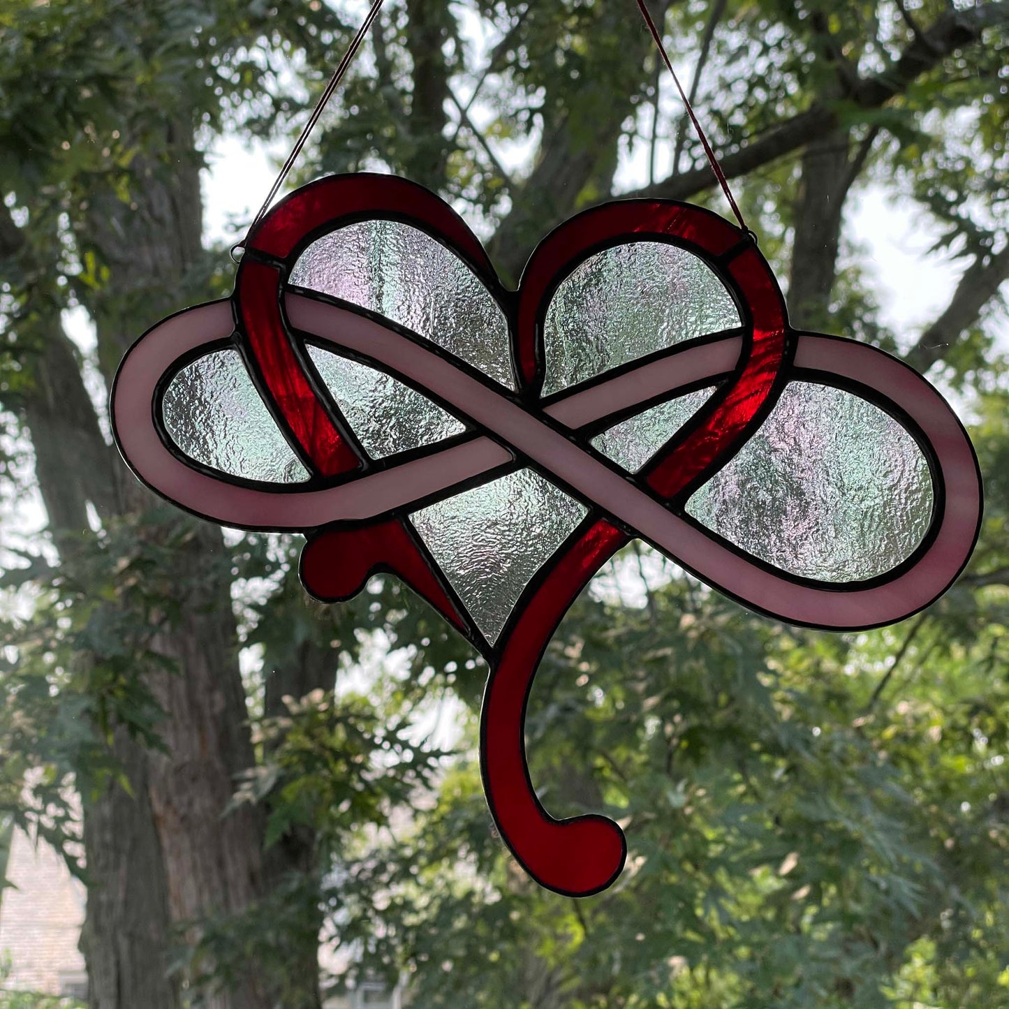 Stained Glass Modern Infinity Heart Suncatcher - Red Pink Clear Iridescent 1