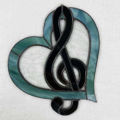 Stained Glass Treble Clef Music Heart Suncatcher - Sea Green Black 1