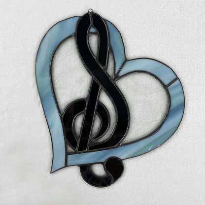 Stained Glass Treble Clef Music Heart Suncatcher - Sea Green Black 2