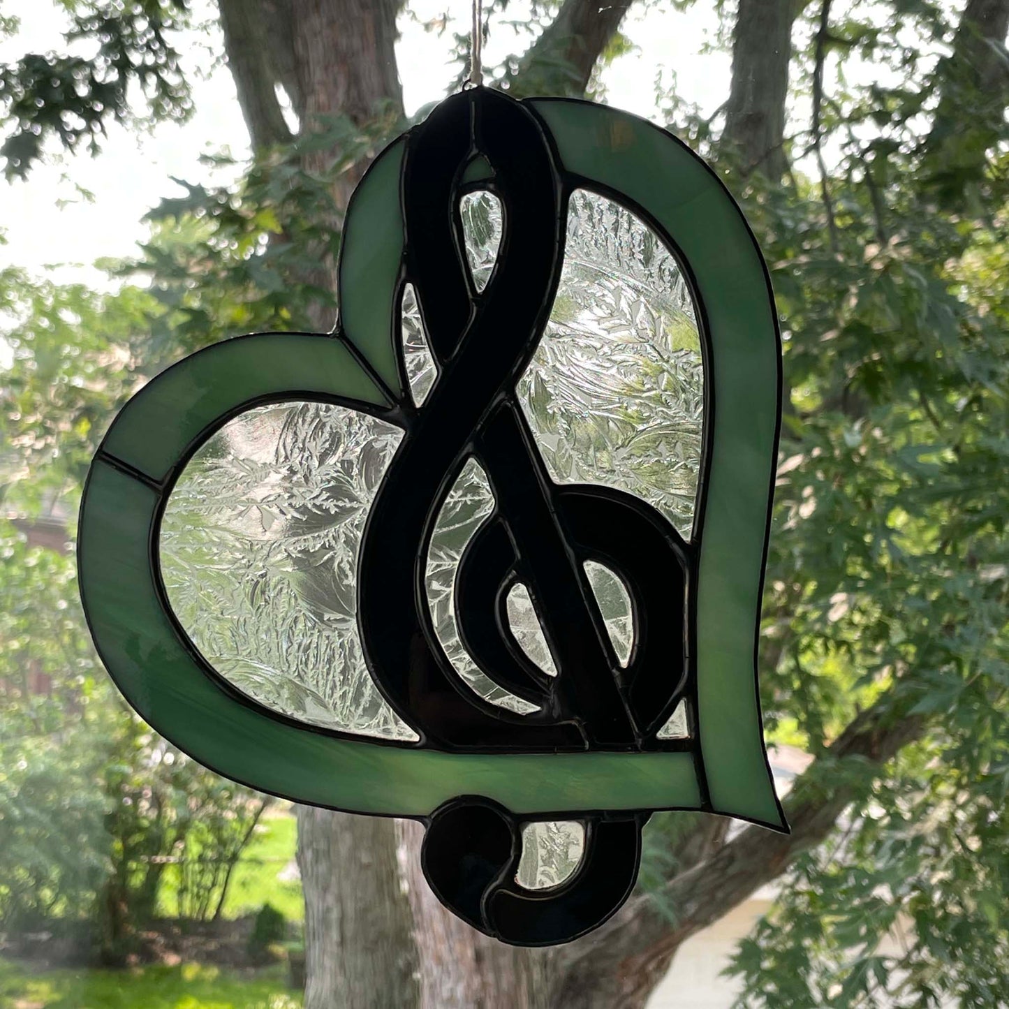 Stained Glass Treble Clef Music Heart Suncatcher - Sea Green Black 3