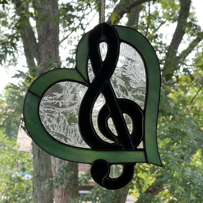 Stained Glass Treble Clef Music Heart Suncatcher - Sea Green Black 4