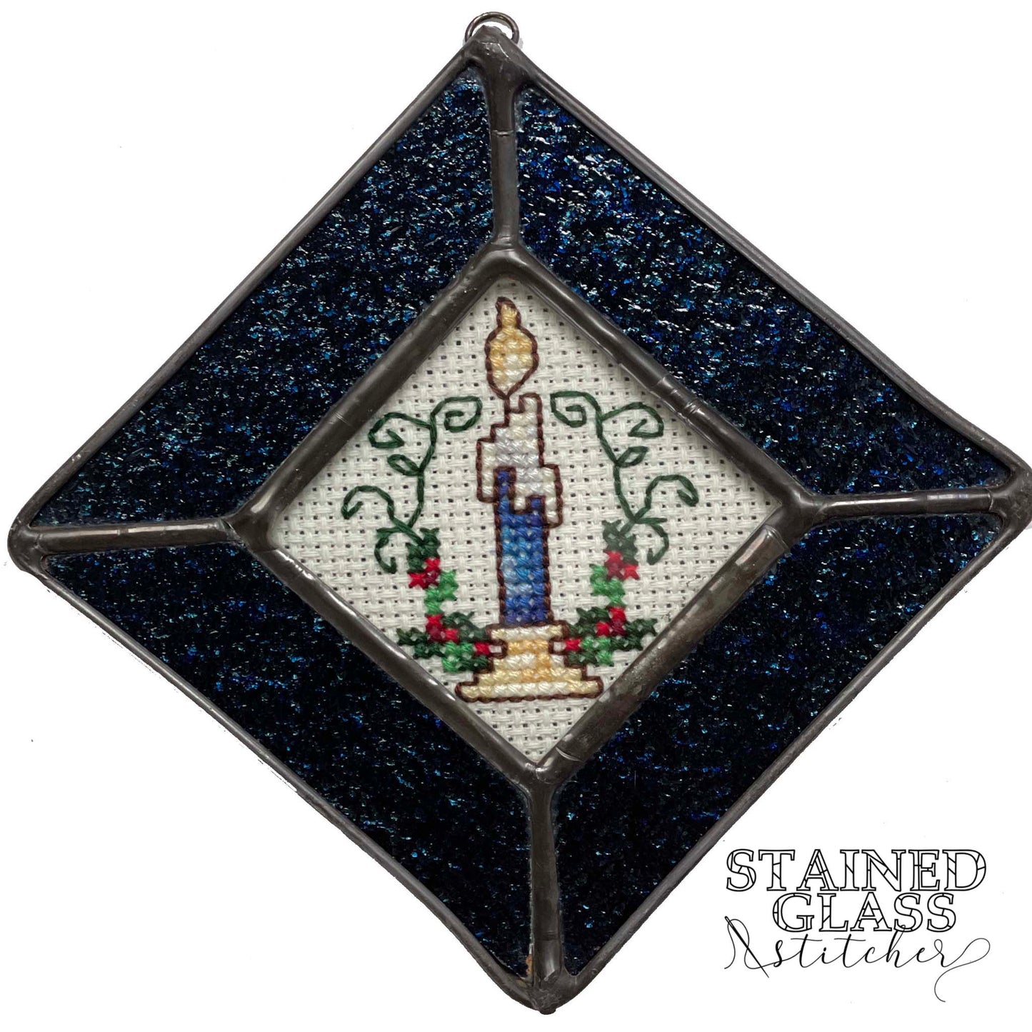 Christmas Candle Ornament with a Dark Blue Sparkle stained glass frame