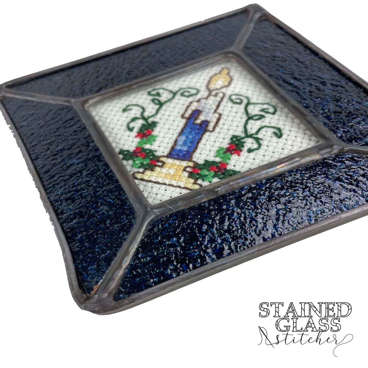 Christmas Candle Ornament with a Dark Blue Sparkle stained glass frame