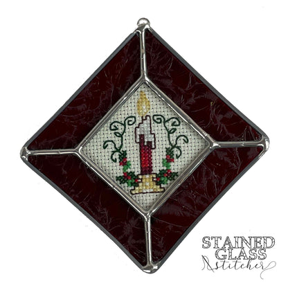 Red Candle Ornament with a Red Leaf stained glass frame