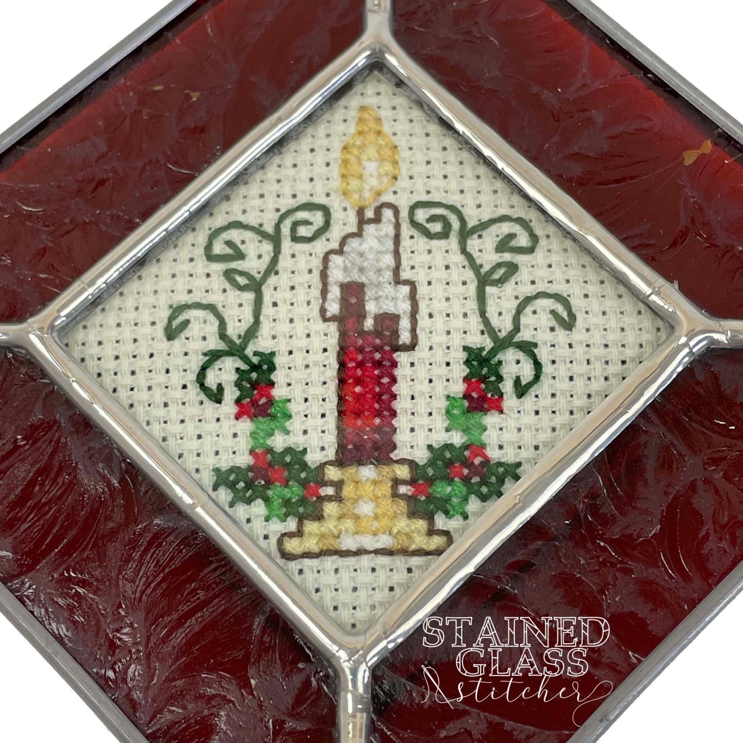 Red Candle Ornament with a Red Leaf stained glass frame