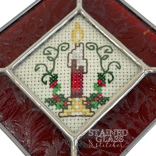 Red Candle Ornament with a Red Leaf stained glass frame