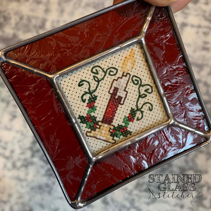 Red Candle Ornament with a Red Leaf stained glass frame