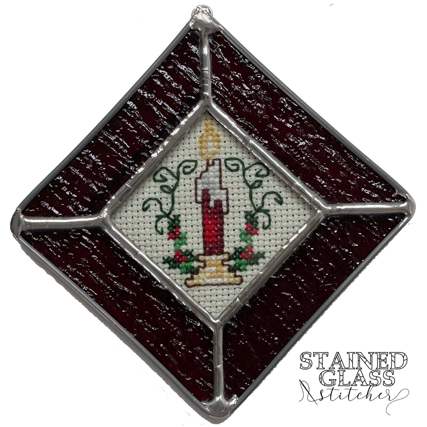 Red Candle Ornament with a Red Ripple stained glass frame